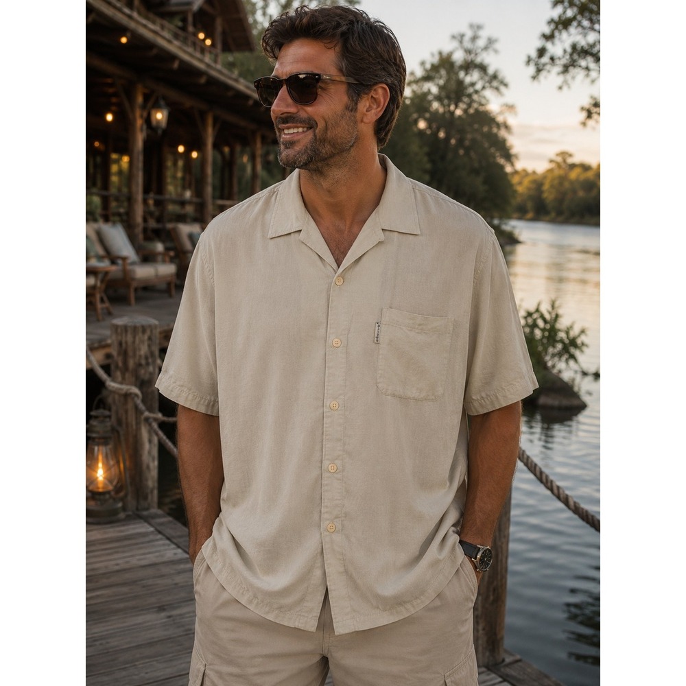 COLUMBIA‎ Men's XXL River Lodge Silk Biege Short Sleeve Shirt Embroidered -1090